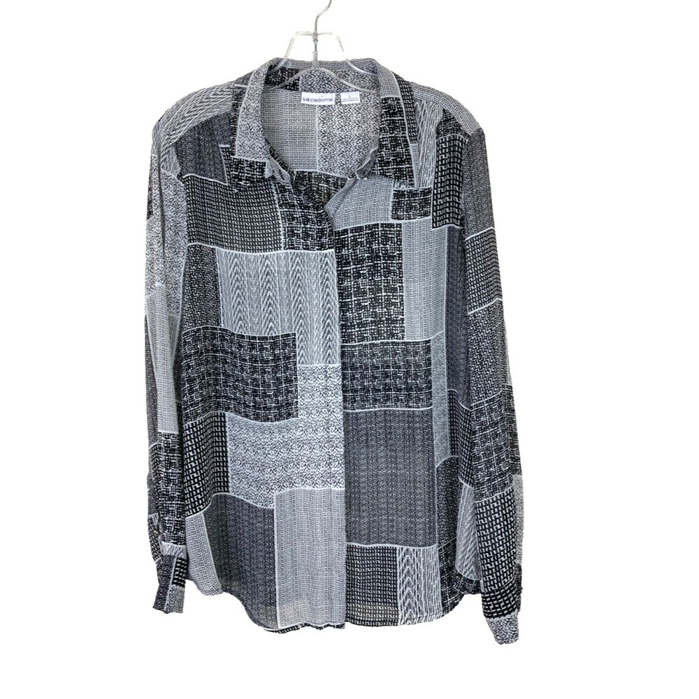 Liz Claiborne Women's Button Up Shirt Size L Black White Sheer Patchwork